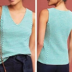 Anthropologie Maeve Green and White Vneck Stretch Knit Striped Top Size XS